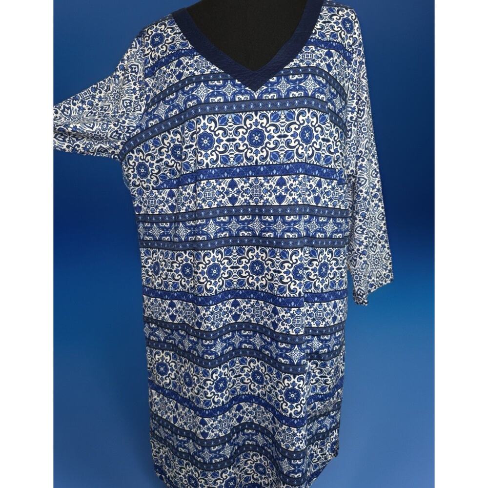 Land End Blue White Long Sleeve Cotton Dress | Cover Up | Beach | Resortwear - Picture 2 of 9